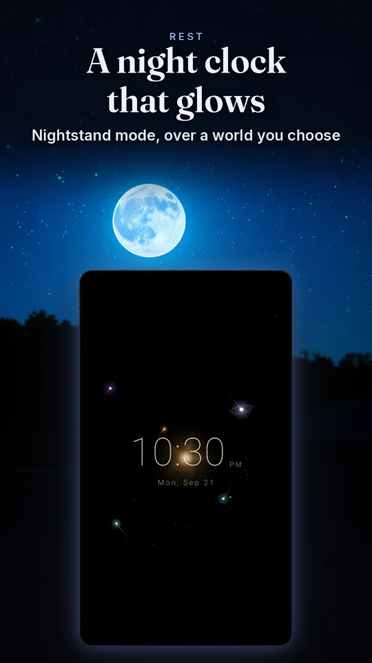 A night clock that glows. Nightstand mode, over a world you choose.